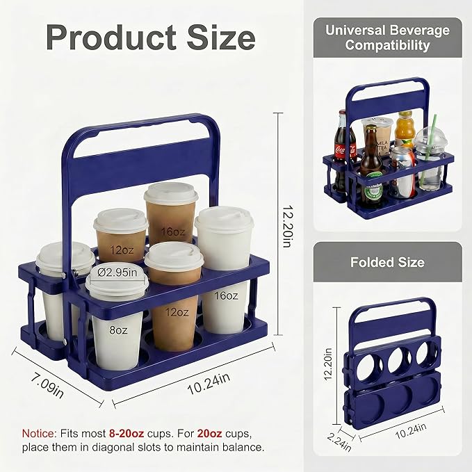 6 Cup Drink Carrier for Delivery - Foldable Drink Holder with Handle, Reusable Cup Carrier for Drinks, Portable Beverage Caddy Accessories for Parties, Camping, Car, Coffee & Bottles (Blue)