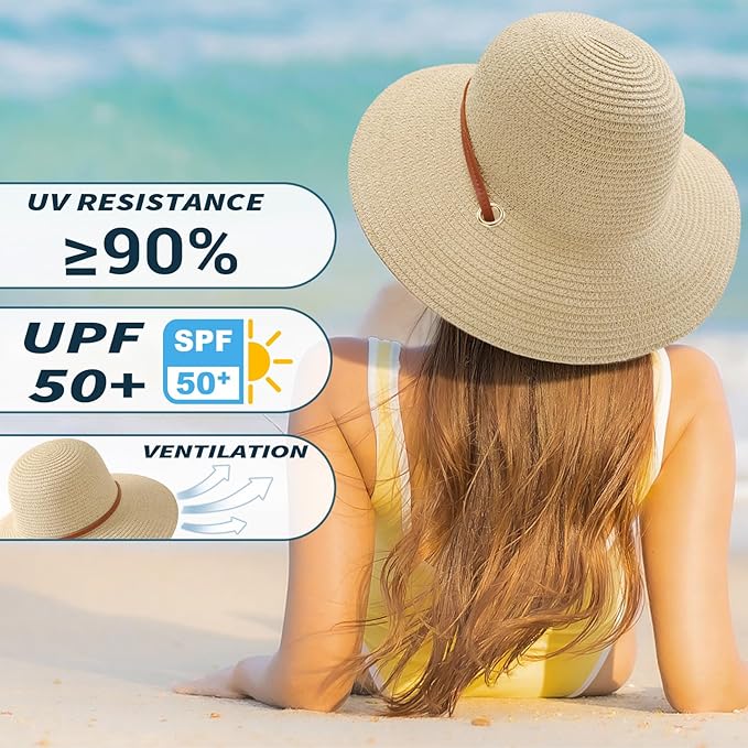 Beach Hat for Women, Wide Brim Sun Straw Hats for Women, Sun Hat Womens UPF 50+ UV Protection, Floppy Foldable Summer Hats
