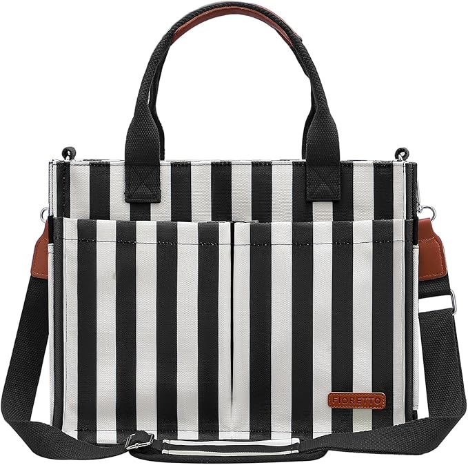FIORETTO Womens Canvas Tote Bag Purse with Individual Compartment, Zipper Top, Reinforced Bottom & Luggage Sleeve