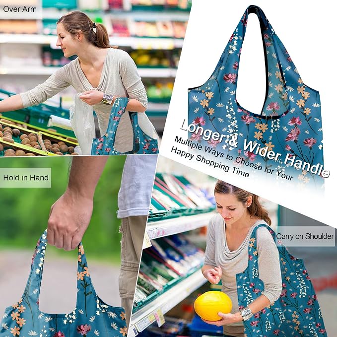 BeeGreen Aesthetic Tote Bags Flowering Shrub Gifts for Women Travel Floral Reusable Grocery Bags Shopping Bags Bulk 6 Pack 50LBS X-Large Foldable-Machine Washable