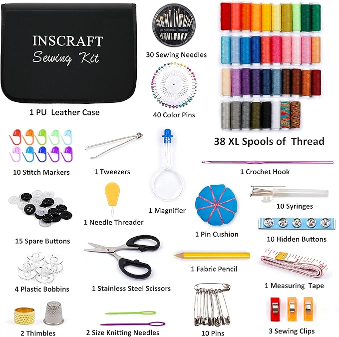 Sewing Kit, 182 Premium Sewing Supplies, 38 XL Thread Spools, Suitable for Traveller, Adults, Kids, Beginner, Emergency, DIY and Home By Inscraft