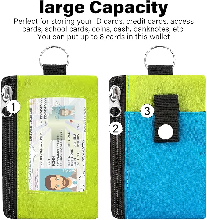 Minimalist RFID Wallet with Lanyard, Multi-Functional ID Case with 2 Zipper Pockets and Key Chain for Men and Women, Tactical Badge Pouch Cards Holder, Coin Purse for Travel Sports-BU+GN