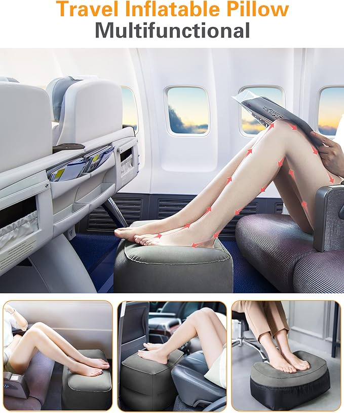 Sunany Inflatable Foot Rest Pillow for Airplane Travel, Adjustable Height for Kids/Adults to Sleep While Traveling,Suitable for Airplane, Office, Home, Trains, Cars and Any Travel（Dark Grey,2 Pack）