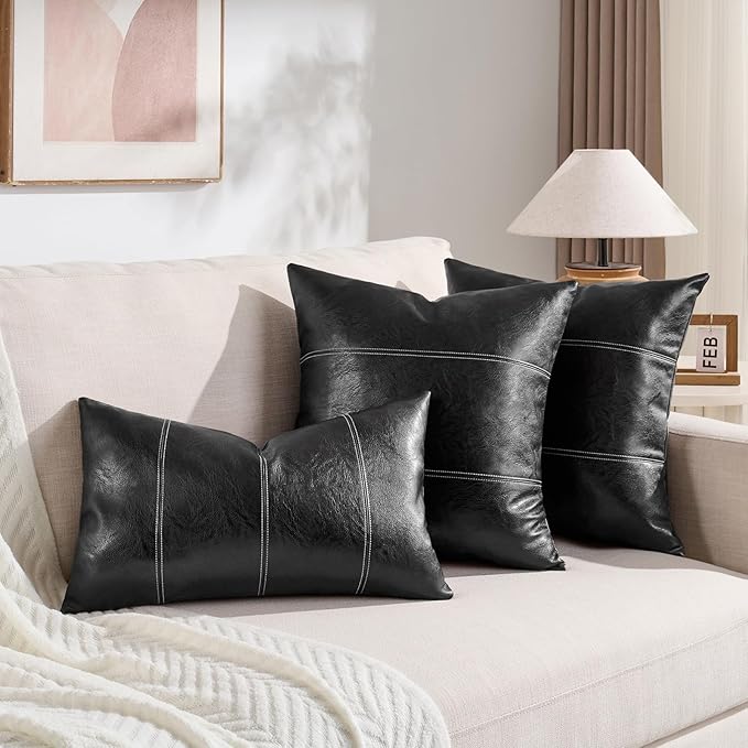 Fancy Homi Black Boho Faux Leather Decorative Throw Pillow Covers 18x18 Inch for Living Room Couch Bed Sofa, Rustic Modern Farmhouse Home Decor, Hand Stitched Square Cushion Case 45x45 cm