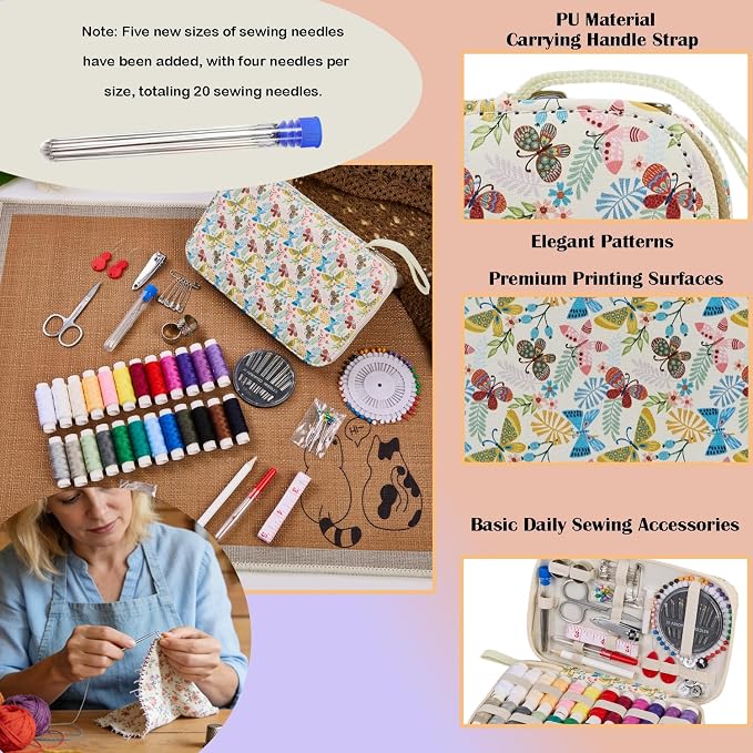 Bobode 130 PCS Professional Printing Sewing Kit | Butterfly Pattern Travel Sewing Kit for Adults, Sewing Supplies Accessory for Beginners & Emergency