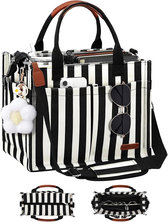 FIORETTO Womens Canvas Tote Bag Purse with Individual Compartment, Zipper Top, Reinforced Bottom & Luggage Sleeve