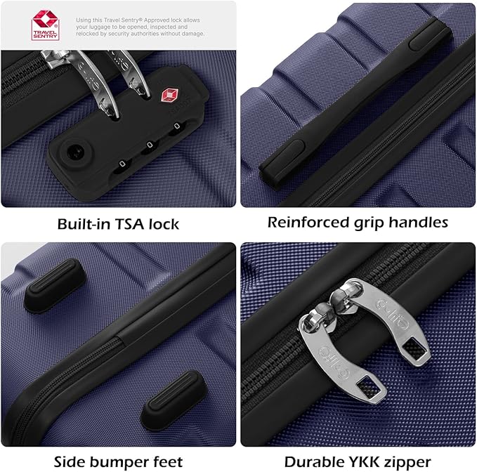 Coolife Luggage 3 Piece Set, Lightweight Durable Hardshell Suitcase set with 360° Spinner Wheels, TSA-approved Lock, Checked Family Travel Luggage sets, 20/24/28 Inch, Navy