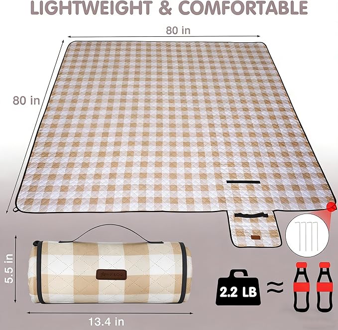 HX&OD Outdoor Picnic Blanket, Extra Large, 80''x80'' Waterproof Foldable Blankets Gingham Picnic Mat for Beach, Camping Grass Lawn Park Accessories Cute Couple Ideas Wedding (Light Brown, 80”x80”)