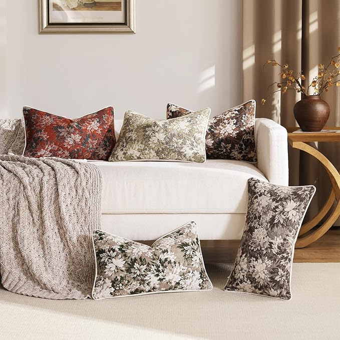 DEZENE Pack of 2 Vintage Floral Pillow Covers 12x20 Boho Farmhouse Accents Chenille Rectangular Lumbar Decorative Throw Pillow Cases for Living Room Couch Bed Home Decor, Green and Taupe