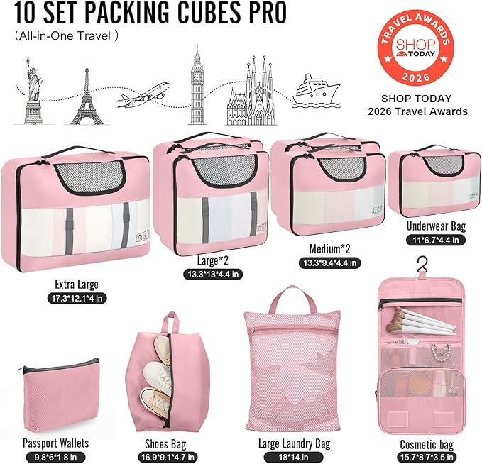 Veken 10 Set Packing Cubes for Cruise Ship Essentials,Beach Vacation Travel Accessories with Hanging Toiletry Bag,Suitcase Organizer for Luggage,Personalized Birthday & Retirement Gifts for Women Mom