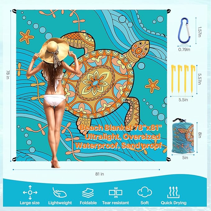 EASYFUN Beach Blanket Sandproof Oversized, 79''×83'' Extra Large Beach Mat, Portable Picnic Mat for Travel Camping Hiking, Lightweight Beach Essentials Family Water Resistant Mat