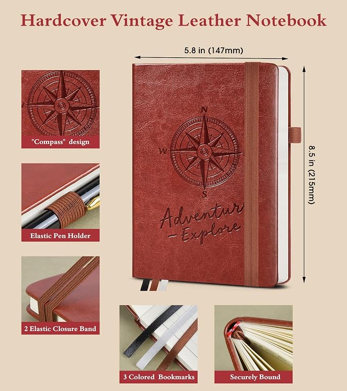 PAIBAS Lined Journal Notebook for Women Men, 160 Pages, A5 Hardcover Vintage Leather Journaling Notebooks for Work, School, Note Taking, Travel, Bible Study, Daily Diary for Writing 5.8"x8.5" (Brown)