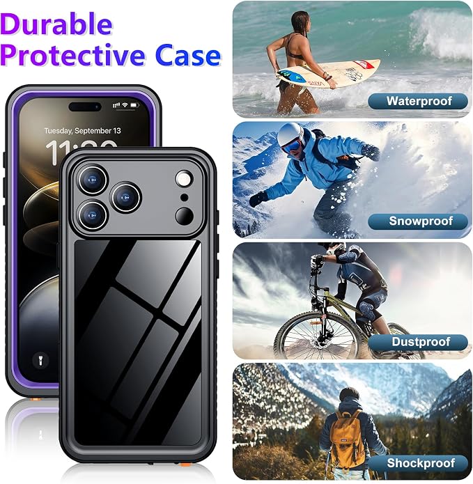 Compatible with iPhone 17 Pro Max Case,Waterproof Built-in Screen & Camera Protector IP68 Underwater Full Body 17FT Military Dropproof Shockproof Phone Case 6.9"-Purple/Clear