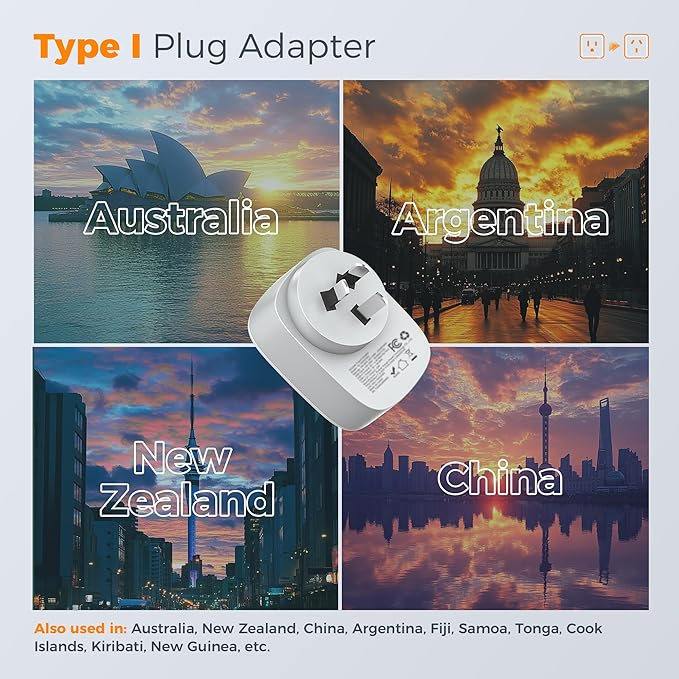 2 Pack New Zealand Power Adapter, TESSAN US to Australia Plug Adapter with 1 Electrical Outlet 3 USB Ports (1 USB C), Type I Travel Outlet Adaptor for USA to Australian Argentina China Fiji AU
