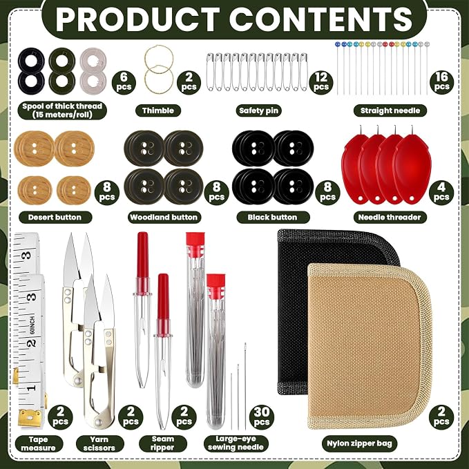 Suncalla Military Survival Sewing Kit Tactical with Buttons Durable Nylon Portable Small Sewing Kit for Men Women Complete Thread Needle Repair Tools for Travel Field Emergency(Black Brown,2)