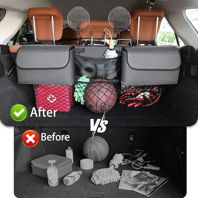 Deluxe Trunk Organizer for Car Small SUV, Backseat Hanging Trunk Organizer, Waterproof Collapsible Car Storage Bag with 6 Pockets, Reinforced No-Sag Design (Grey, Compact & Mid Size SUV)