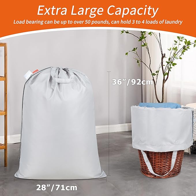 Polecasa 2 Pack Extra Heavy-Duty Laundry Bag 28x36”- Machine Washable Large Storage Bag with Reinforced Handles & Drawstring Closure & ID Tag for College Dorm Travel -Silver