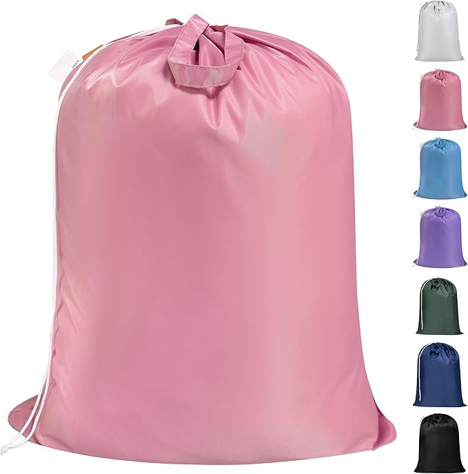 Polecasa Extra Heavy-Duty Laundry Bag 28x36”- Machine Washable Large Storage Bag with Reinforced Handles & Drawstring Closure & ID Tag for College Dorm Travel - Pink