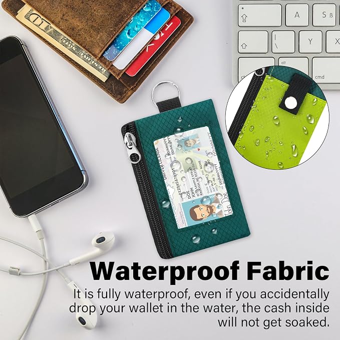 Minimalist Small Wallet for Men Women with 2 Zip Pockets, Multi Functional ID Case with Keychain and Card Holder, Coin Purse Badge Lanyard Pouch for Boys Girls Travel -YellowGreen+DrakGreen