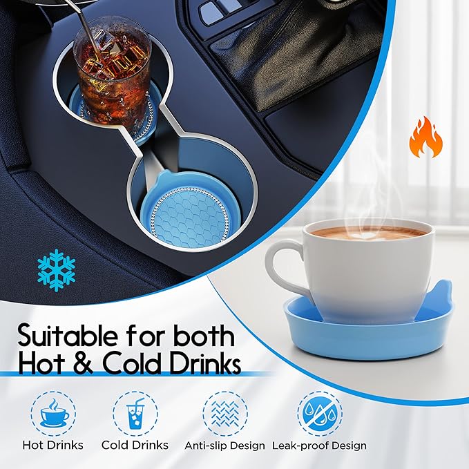 Amooca Car Cup Coaster Universal Non-Slip Cup Holders Bling Crystal Rhinestone Car Interior Accessories 2 Pack Light Blue
