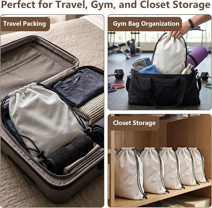 MERKFO Shoe Bags for Travel, 6 Pack Flannel Travel Shoe Bags for Luggage, Large Drawstring Shoe Dust Bags for Packing Shoes, Closet Storage, Fits Up to Men's Size 13, Beige