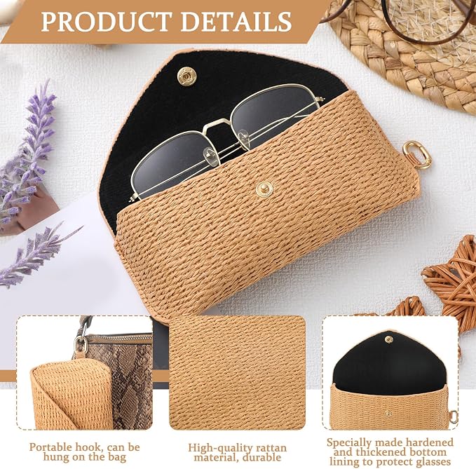 Leinuosen Woven Straw Sunglasses Case with Clip, Hard Shell Boho Rattan Pouch, Portable Travel Beach Accessory for Women Girl