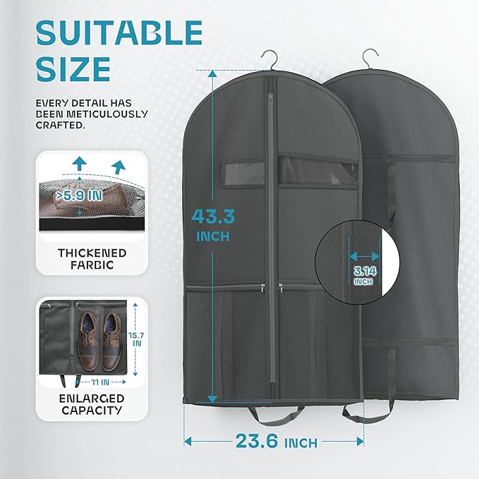 Lazebox 43" Travel Garment Bag with Accessories Zipper Pocket, Heavy Duty Suit Bag for Suits, Tuxedos, Dresses, Coats, Dark Grey, 1 pack