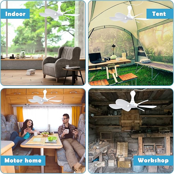Xindejia USB Powered Small Ceiling Fan 6 Blades Quiet DC 5V USB Hanging Fans for Indoor Outdoor RV Bed Room Dorm Desk Travel Camping Tent Cubicle Mini Portable Canopy Fans - White