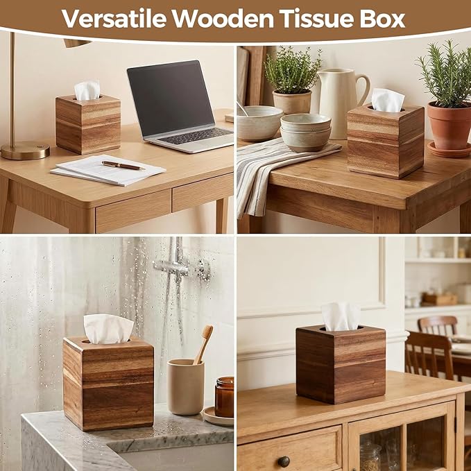 2 Pack Acacia Wood Tissue Box Cover, Square Tissue Box Holder with Slide-Out Bottom, Wooden Cube Tissue Covers Tissue Holders for Bathrooms Office Kitchen