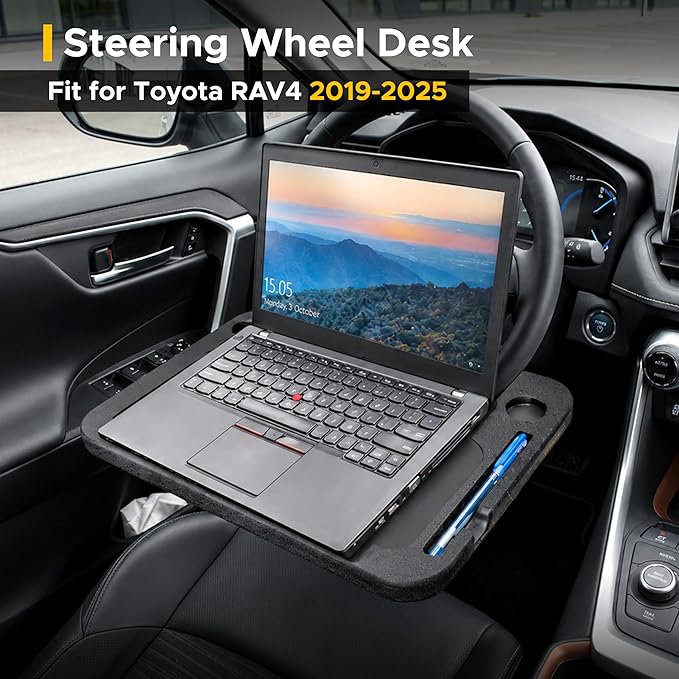 EcoNour Steering Wheel Desk for Toyota RAV4 2019-2023 2024 2025 2-in-1 Car Tray Table Laptop Car Mount with Pen Holder Food Tray for Eating with Drinks Holder Multipurpose Travel Car Accessories