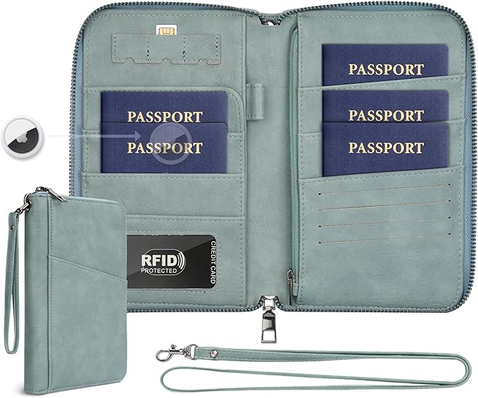 Family Passport Holder Wallet RFID Travel Document Organizer for Women Men, Portable Case Cover for Cards, Boarding Pass with Wrist & Neck Strap, Airtag Pocket, Travel Essentials Gifts (Blue, 1pack)