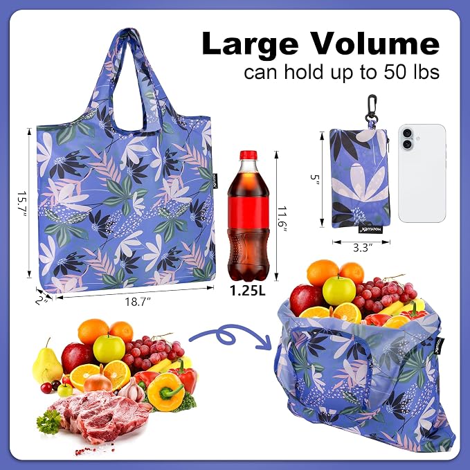 HOLYLUCK Reusable Grocery Bags,Heavy Duty Foldable Shopping Tote Bag (Standard, Purple leaves)