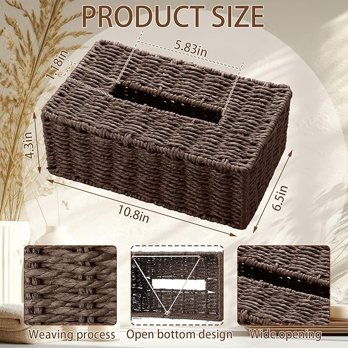 Tissue Box Cover Rectangle Natural Paper Rope Hand Woven Tissue Box Holder for Bathroom Living Room Bedroom Kitchen Table Desk Office Farmhouse Home Decor(Dark Brown)