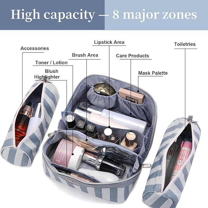 BOYATU Travel Makeup Bag Cosmetic Bag for Women: 3 Pcs Set Striped Make up Bag with Compartments - Waterproof Vegan Leather Toiletry Bags with Handle - Makeup Organizer for Travel Essentials(A-1-Blue)