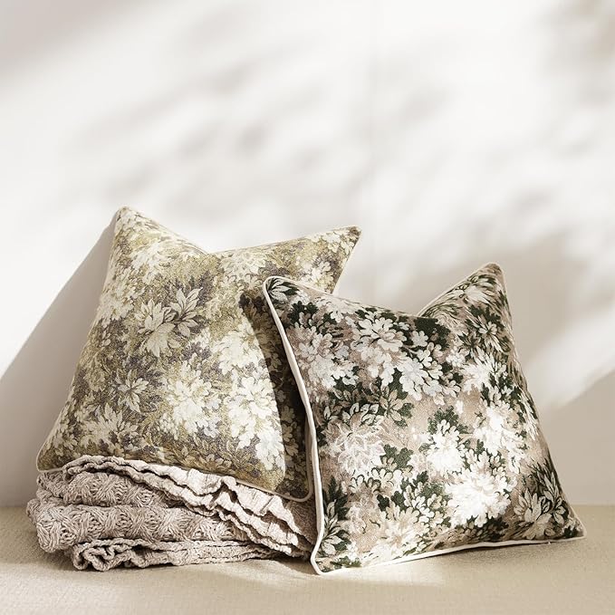 DEZENE Pack of 2 Vintage Floral Euro Sham Covers 26x26 Boho Farmhouse Accents Chenille Square Decorative Throw Pillow Cases for Living Room Couch Bed Home Decor, Green and Taupe