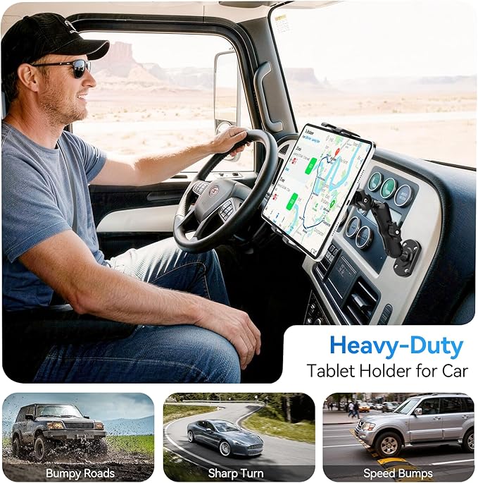 OHLPRO Heavy Duty Drill Base Tablet Holder for Car & Truck Dashboard Mount with 360 Adjustable 2-Stage Arm for 5-13" iPads Tablets & Phones Kindle, Mounting for Commercial Vehicles Boat Wall Desk