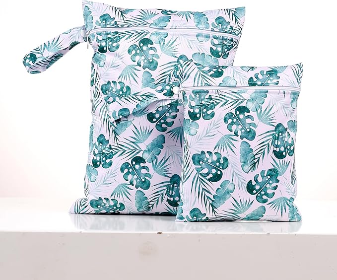 2 Pcs Wet Bags Waterproof Reusable Zippered Pocket Cloth Diaper Bag for Travel Beach Pool Swim, Baby Diapers,Gym Yoga Wet Clothes,Swimsuit,water wipes (Sea grass)