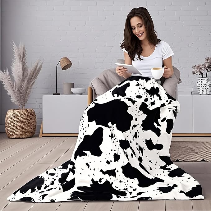 Edenleaf Cow Print Blanket, Ultra Soft Cozy Throw for Couch Bed and Travel, Cow Decor Throw Blankets for All Seasons 50"x60" (Black)