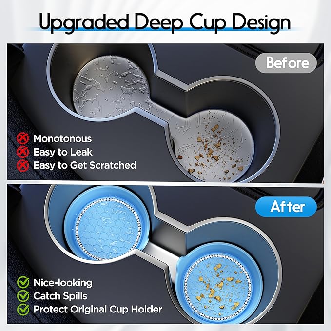 Amooca Car Cup Coaster Universal Non-Slip Cup Holders Bling Crystal Rhinestone Car Interior Accessories 2 Pack Light Blue