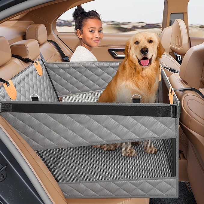 PETICON Large Dog Car Seat, Back Seat Extender for Dogs with 3 Mesh Windows, Waterproof Medium Carseat for Dogs with Hard Bottom, Pet Seat Cover for Cars, Trucks and SUVs