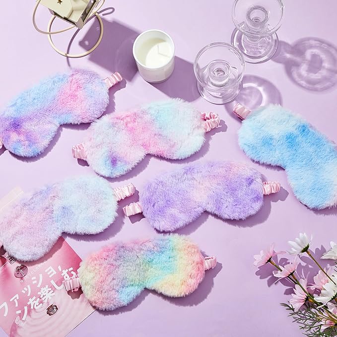 Cuffbow 6 Pack Plush Sleep Mask Set, Cute Plush Eye Masks for Sleeping, Soft Comfortable Travel Nap Blindfold, Sleepover Party Favors for Women(Tie Dye,Rainbow)