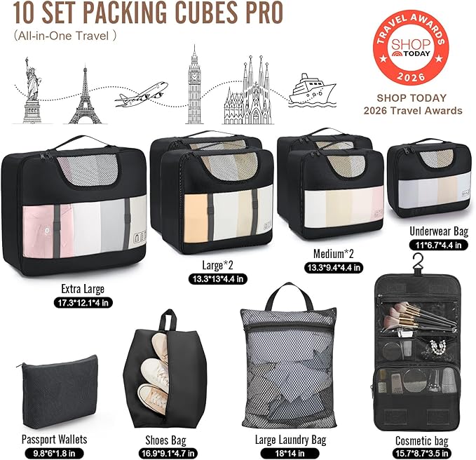 Veken 10 Set Packing Cubes for Travel Essentials,Anti-Wrinkle Buckled Suitcase Organizer for Shoe & Toiletry Bag,Carry On Luggage Bag for Airplane & College Dorm Room Accessories,Women Men Gifts