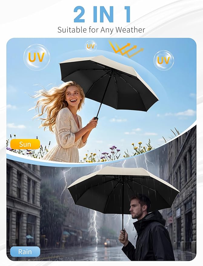 Yoobure Compact Travel Umbrella - Windproof Umbrellas for Rain, Small Portable UV Umbrella for Sun Protection, Folding Automatic Umbrellas in Lightweight for Car, Backpack, Walking, Kids, Women