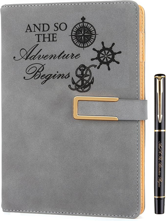 Fanery Sue Refillable Adventure Writing Journal For Men & Women Faux Leather Hardcover Notebook A5 College Ruled 200 Lined Pages Lay-Flat Personal Diary With Pen & Magnetic Buckle （Adventure - Grey