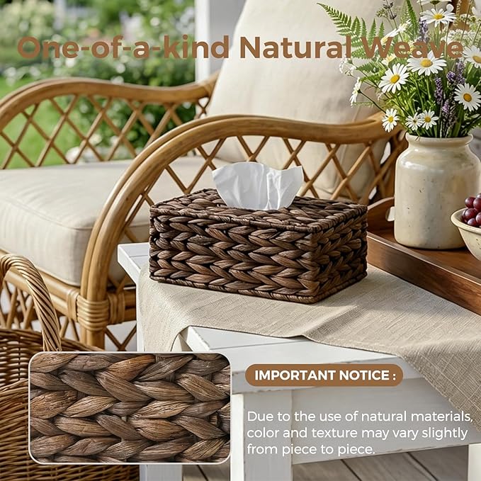 Rectangle Wicker Tissue Box Cover Fits 120-Count (3-Ply) / 160-Count (2-Ply) Boxes, Natural Rattan Woven Facial Tissue Holder, Decorative Tissue Box Holder for Bathroom, Brown