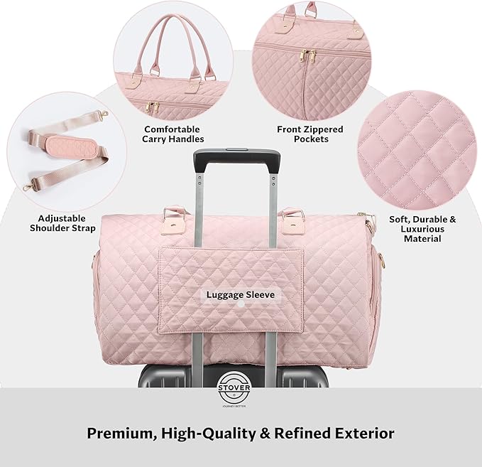 STOVER Women’s Convertible Garment Duffel Bag for Travel – 2-in-1 Carry-On Weekender/Overnight Tote - Wrinkle-Free Dresses, Suits & Clothes + Shoe Compartment & Bonus Toiletry Bag (Blush Pink)