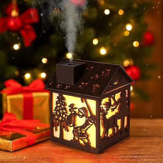 Christmas Wooden House Humidifier - 240ml Cool Mist Mini Humidifier with Santa Claus LED Design, 7-Color Lights, USB Powered, Auto Shut-Off, Holiday Decor Gift for Bedroom, Home, Office (Dark Wood)