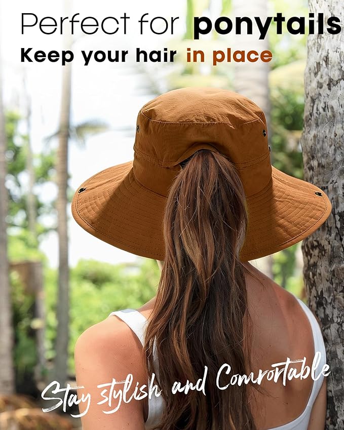 FURTALK Sun Hats for Women Ponytail UPF 80+ Beach Summer Hat Wide Brim Packable Cowboy Hat