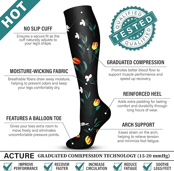 Acture 6 Pack Compression Socks for Women and Men - Knee High for Medical, Running, Nurses, Travel