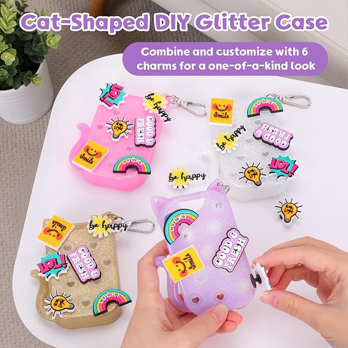 FunisFun Glitter Silicone Holder Case Compatible with Hand Sanitizer Spray 1 Fl. OZ., Cat-shaped Case Keychain with 6 Charms